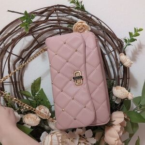 Badgley Mischka blush pink faux leather quilted crossbody purse